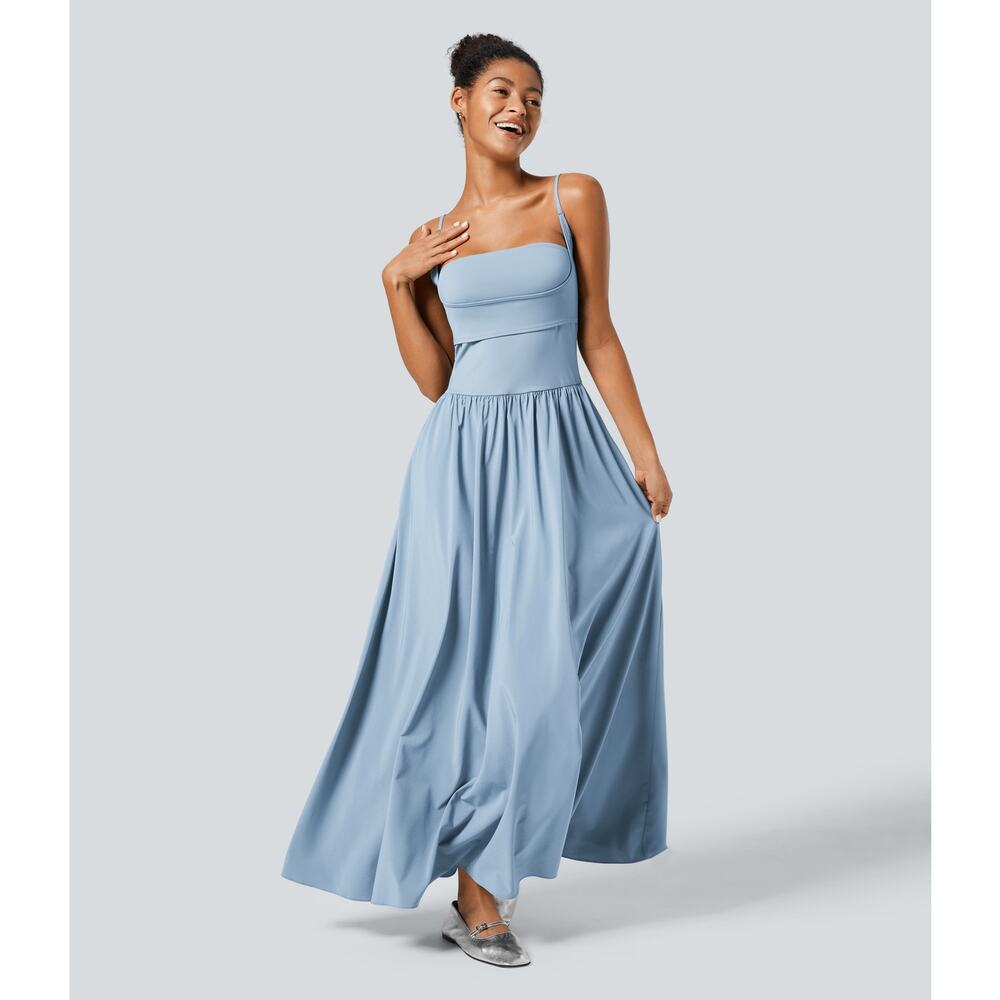 NWT Halara Breezeful Pocket Flowy Flare Maxi Dress L Ballad Blue Quick Dry - Picture 3 of 12